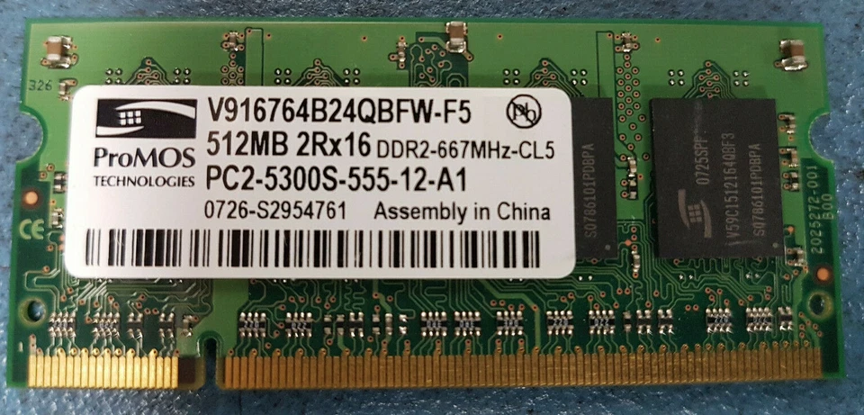 PROMOS 512MB DDR2 RAM 667MHz LAPTOP SO-DIMM PC2-5300 MEMORY V916764B24QBFW-F5 - Image 1 of 1