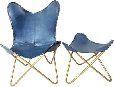PARRYS LEATHER WORLD Vintage Blue Leather Butterfly Chair With Footstool Folding Relax Arm Chair