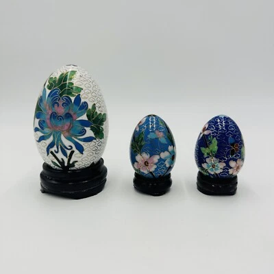 Juego de 3 huevos de Pascua chinos cloisonné esmalte floral mariposa vintage Foto 1 de 4