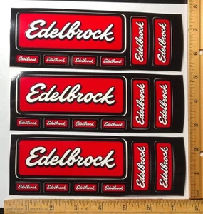 Vintage Menge 3 Edelbrock Krümmer Logo Aufkleber Werkzeugkiste Aufkleber Sets NHRA Racing - Bild 1 von 1