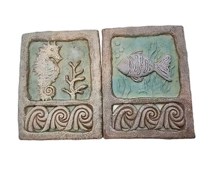 Nautical Theme Ocean Sea Scape Seahorse Wall Plaque Accent Sand 8x6” Set Of 2 - Picture 1 of 11