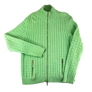Lauren Ralph Lauren Cable Knit Cardigan Womens XL Cotton Green Full Zip Monogram - Picture 1 of 10