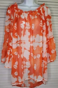 Forgotten Grace Sheer Orange & White Tie Dye Bell Sleeve Hi Lo Tunic Top Sz: MED - Picture 1 of 8