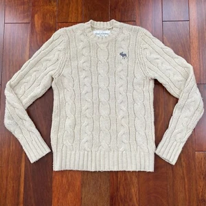 Vtg Abercrombie & Fitch Womens Cable Knit Sweater Y2K Wool Blend Chunky Beige L - Picture 1 of 11