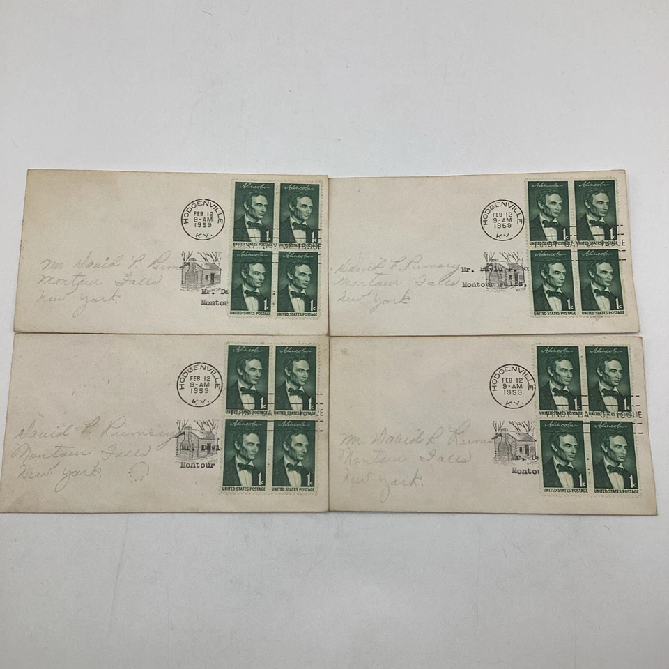 (4) US 1959 FDC Abraham Lincoln 1¢ Sesquicentennial Block of 4 Stamps - Image 1 of 4