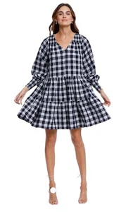WITCHERY Navy & White Check Long Sleeve Mini/ ShortsTiered Dress Size 10 NEW - Picture 1 of 14