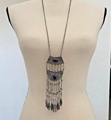 Statement Necklace Long or Short Chain Pendant Silver Black Stone Western Boho - Image 1 of 4
