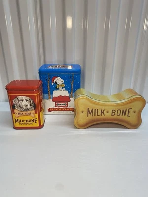 Lote de 3 latas vintage de hueso de leche para perros - Lote de edición limitada de colección Snoopy Foto 1 de 4