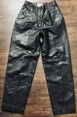 "Pantalones al tobillo VAKKO plisados vintage de cuero y2K cintura alta motociclista cónicos 4 24"" W" Foto 1 de 4