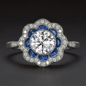 GIA CERTIFIED DIAMOND SAPPHIRE COCKTAIL RING G SI1 VINTAGE STYLE FLOWER HALO - Picture 1 of 1