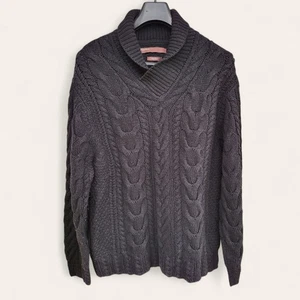 Perry Ellis Chunky Cable Knit Wool Cashmere Shawl Collar Mens Black Sweater XL - Picture 1 of 7