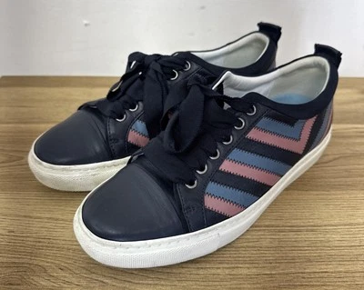 Lanvin Women’s Size 37 Navy Blue Leather Lace-Up Sneakers Logo Low Top - Image 1 of 4