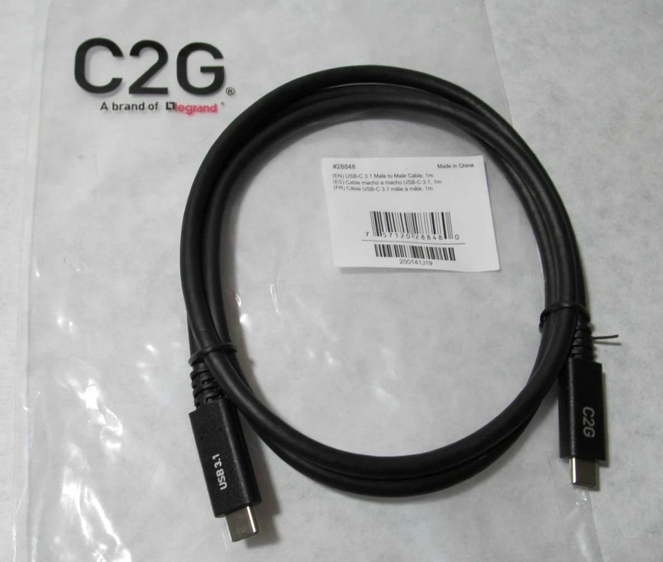 C2G Legrand 28848 1M USB-C 3.1 (Gen 2) Male to Male Cable 20V 5A 4K High Speed - Image 1 of 1