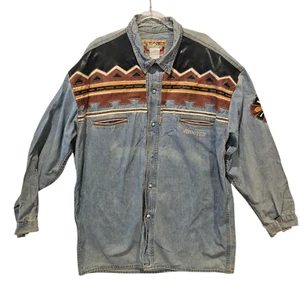 Vintage Shooter Denim Western Shirt Size XL Pearl Snap Faux Leather Cowboy - Picture 1 of 9
