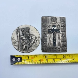 St Christopher & Crucifix Cross Ihs Plaque Metal Devotional Prayer Meditation - Picture 1 of 9