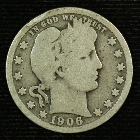 Barber Silver Quarter. 1906 P. Good Circulated. Lot # Lot # 9048-55-0106 Cover