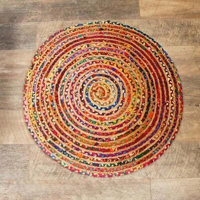 Eco Friendly Handmade Round Jute Rug & Recycled Cotton Indian Rugs - 90cm 120cm, - Image 1 of 4