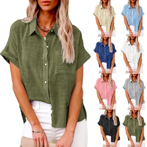 Womens Cotton Linen Casual Blouse Ladies Button T Shirt Short Sleeve Tops Tunic+ - Picture 1 of 21
