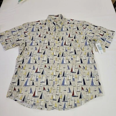 Men's Munsingwear Short Sleeve Button Up Size Medium Graphic Sailboats Beige  - Image 1 of 4