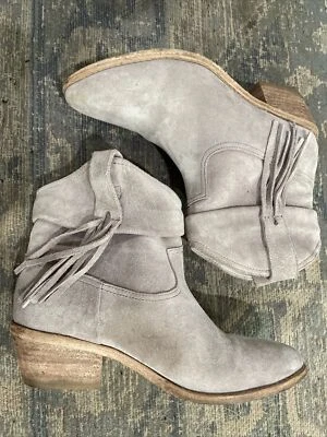 Joie Western Taupe Gray Suede Fringe Pull On Ankle Boots Size US 6.5 / EU 36.5 - Image 1 of 4