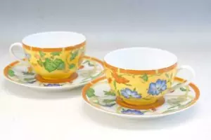 Hermes Siesta Tea Cup Saucer Tableware Yellow Floral Dinnerware 2 set Auth New - Picture 1 of 12