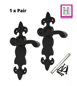 BLACK ANTIQUE DOOR HANDLE LEVER LATCH ORNATE FLEUR-DE-LYS CAST IRON + FIXINGS - Picture 1 of 23