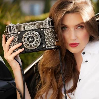 Mary Frances Picture That Beaded Crossbody Bag Silver Black Handbag Camera NEW - Image 1 of 4