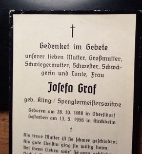 Josefa Graf geb. Kling 1888 Oberstdorf - 1956 Kirchheim / Totenzettel - Picture 1 of 2