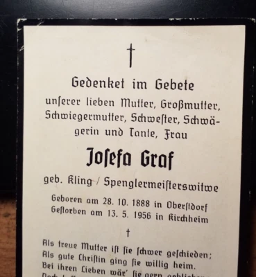Josefa Graf geb. Kling 1888 Oberstdorf - 1956 Kirchheim / Totenzettel - Bild 1 von 2