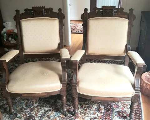2 Antique Victorian Parlor Arm Chair Carved Wood Fabric Armchair Cover