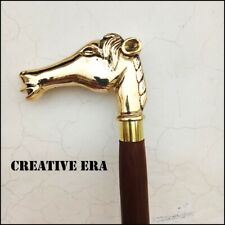 Vintage Nautical Brass Golden Horse Head Handle Wooden Walking Stick Cane Style