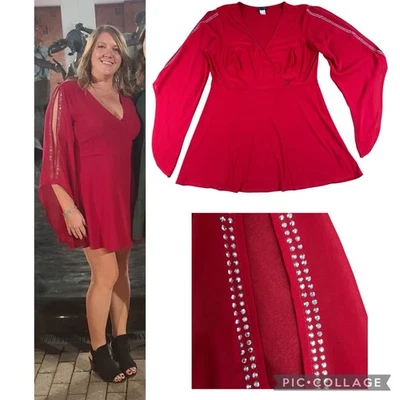 VENUS Short Mini Red Dress 1X Slit Sleeves Crossover Top Cocktail Party - Image 1 of 4