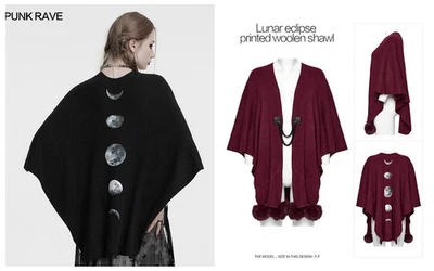 Панк рейв женщин черный красный Gothic лунное затмение напечатано шерстяная шаль пальто - Изображение 1 из 4