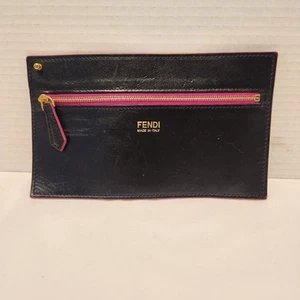 FENDI Raro Portamonete Piatto Portafoglio Pelle Nero/Rosa Vintage - Foto 1 di 11