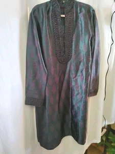 Azania India Kurta - SZ 40 M Dark Purple Green Brocade Silk Pre-Owned Excellent - Picture 1 of 10