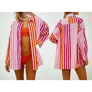 Beach Riot Swim Cover Up Shirt Womens L/XL Alexa Orange Sunset Stripe Resort - Picture 1 of 7