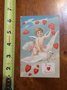 RARE OLD VINTAGE POSTCARD CUPID VALENTINE HEARTS FLYING ON DOVE EARLY 1909 - Picture 1 of 4