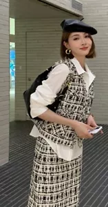 Women Tweed Black White Check Grey Waistcoat Vest - Picture 1 of 24