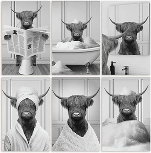 Modern Highland Cow Art Prints Funny & Masculine Farmhouse Bathroom Wall 11x17" - Picture 1 of 5