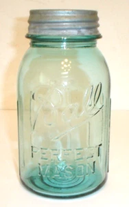 Vintage Ball Perfect Mason Blue #8 Ribbed Gripper Quart Fruit Jar w/ Zinc Cap - Picture 1 of 9