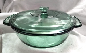 Vintage Anchor Ovenware Clear Green Glass 2 Qt Casserole Baking Bowl & Lid 1038 - Picture 1 of 6