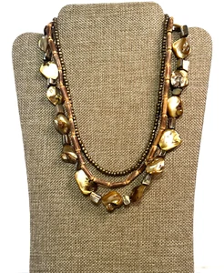 Statement Necklace Bronze Chunky Shell MOP Wood Vintage Multi Strand Bib Bead - Picture 1 of 7