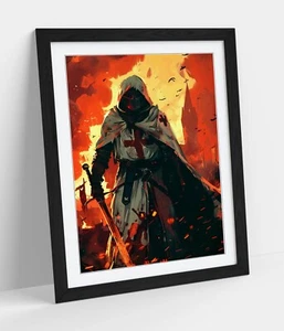MEDIEVAL CRUSADER KNIGHT BURNING CITY -FRAMED WALL ART POSTER PAPER PRINT - Picture 1 of 11