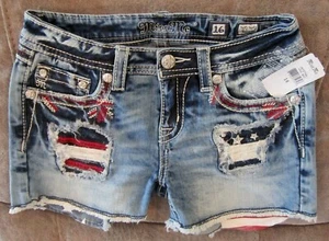 Miss Me Jeans Youth Size 16 JK7274H2 Patriotic Stars Stripes Girls Shorts; New - Picture 1 of 7