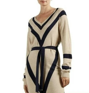 Ted Baker Chevron Detail Knitted Midi Dress Natural and Navy Blue - Size 1 UK 8 - Picture 1 of 8