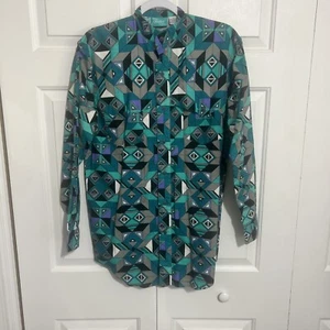 Vintage Western Signatures Ed West Teal Gray Aztec Print Shirt 90s Mens Small - Picture 1 of 7