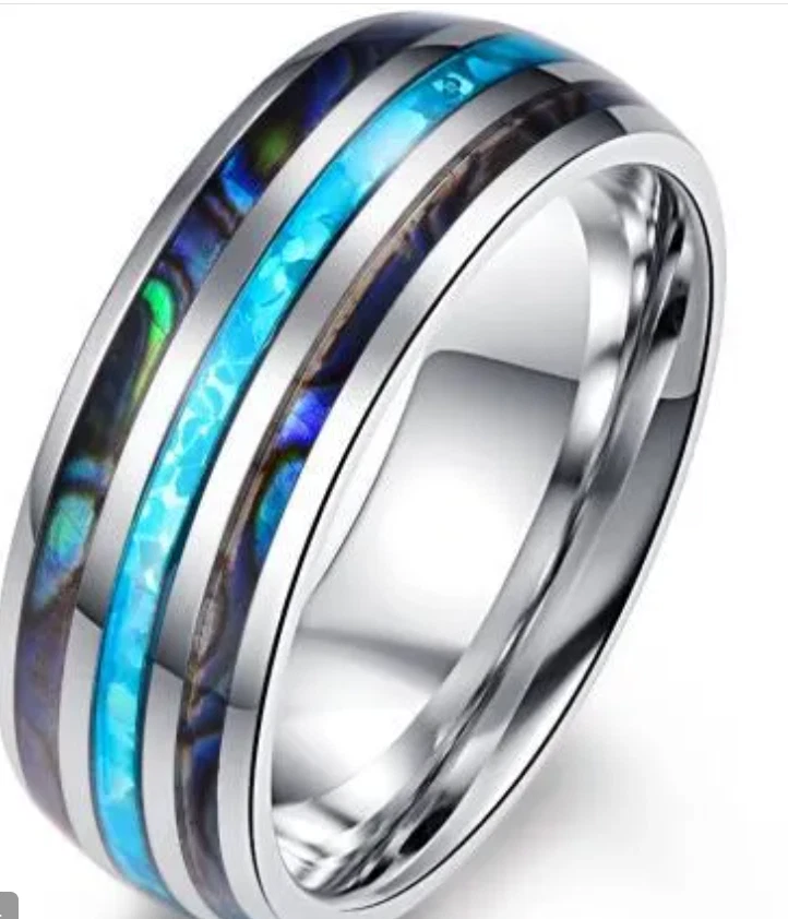 Anillo de alianza de boda con incrustación azul hawaiano y abulón para hombre - talla 11 Foto 1 de 1