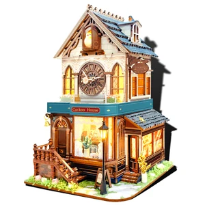 Reloj de cuco cabaña mecánico 3D rompecabezas de madera hágalo usted mismo kit de modelos de rincón de libro - Imagen 1 de 6