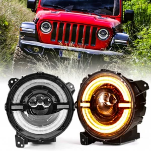 Pair 9" Round Halo Ring LED Headlights Signal DRL For Jeep Wrangler JL JT 2018+ - Picture 1 of 16
