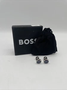 Hugo Boss Logo Insert Cufflinks Navy Silver New With Flaws  - Picture 1 of 6